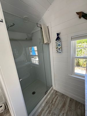 Bathroom, Glass Shower, Interior, Wood Texture Flooring