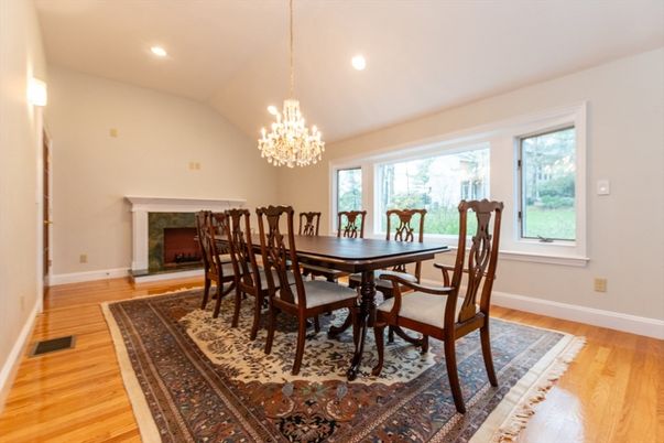 Chandelier, Dining room, Fireplace, Interior, Recessed Lighting, Wood Texture Flooring