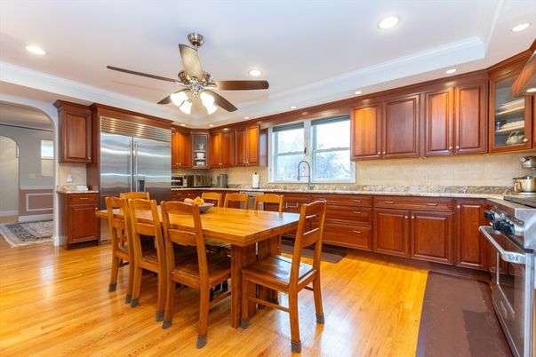 Dining room, Interior, Kitchen, Recessed Lighting, Stainless Steel Appliances, Wood Texture Flooring