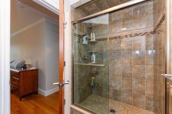 Bathroom, Glass Shower, Interior, Wood Texture Flooring