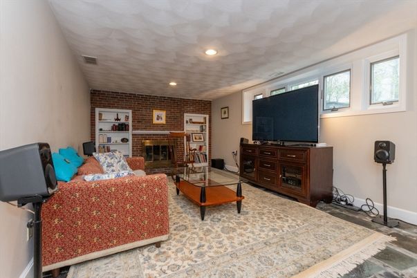 Fireplace, Interior, Living room, Recessed Lighting, Stone Walls