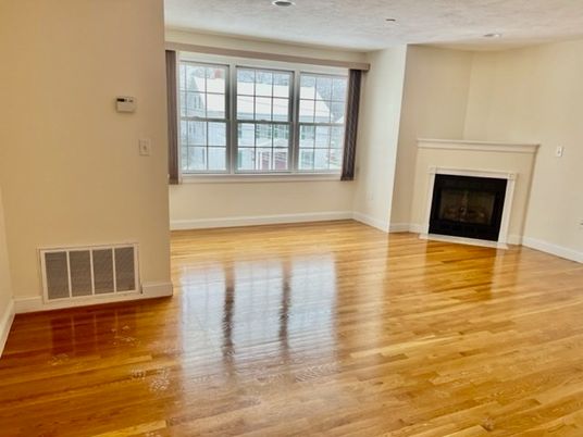 Empty room, Fireplace, Interior, Recessed Lighting, Wood Texture Flooring