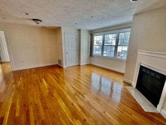 Empty room, Fireplace, Interior, Recessed Lighting, Wood Texture Flooring