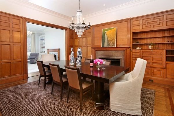 Chandelier, Dining room, Fireplace, Interior, Recessed Lighting, Wood Texture Flooring, Wooden Walls