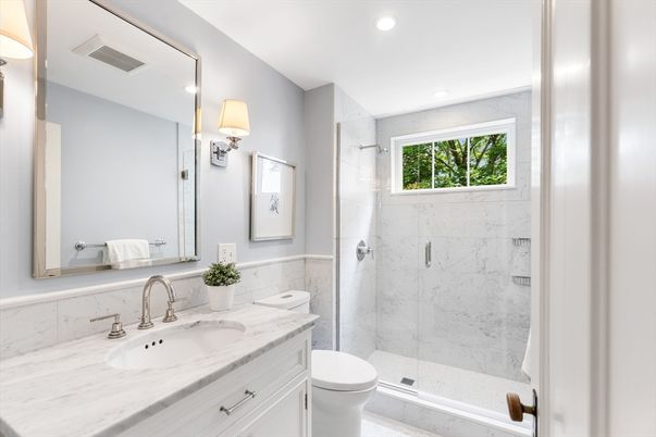 Bathroom, Glass Shower, Interior, Marble Walls, Recessed Lighting