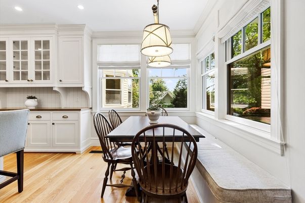 Dining room, Interior, Pendant Lights, Recessed Lighting, Wood Texture Flooring