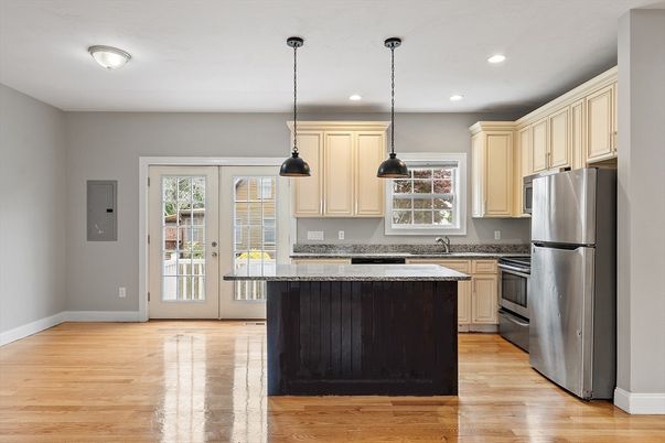 Interior, Kitchen, Pendant Lights, Recessed Lighting, Wood Texture Flooring
