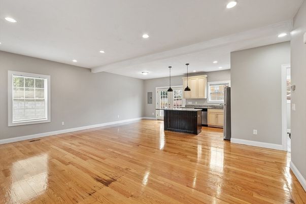 Empty room, Interior, Kitchen, Pendant Lights, Recessed Lighting, Wood Texture Flooring