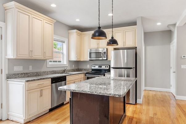 Interior, Kitchen, Pendant Lights, Recessed Lighting, Stainless Steel Appliances, Wood Texture Flooring
