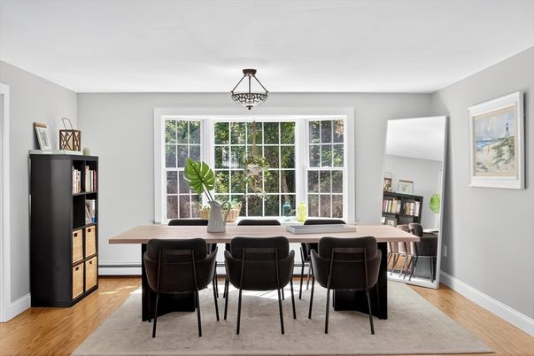 Dining room, Interior, Pendant Lights, Wood Texture Flooring