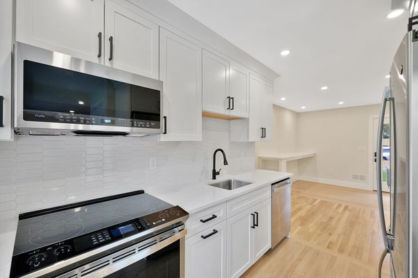Interior, Kitchen, Recessed Lighting, Stainless Steel Appliances, Wood Texture Flooring