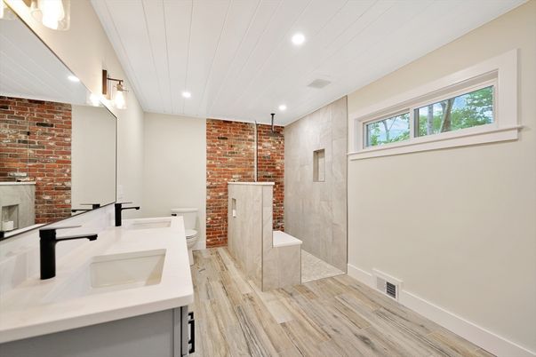 Bathroom, Interior, Recessed Lighting, Stone Walls, Wood Texture Flooring