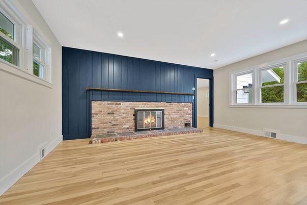 Empty room, Fireplace, Interior, Recessed Lighting, Wood Texture Flooring