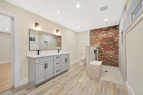Bathroom, Interior, Recessed Lighting, Stone Walls, Wood Texture Flooring