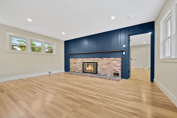 Empty room, Fireplace, Interior, Recessed Lighting, Wood Texture Flooring