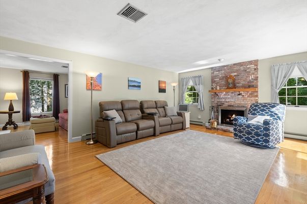 Fireplace, Interior, Living room, Stone Walls, Wood Texture Flooring