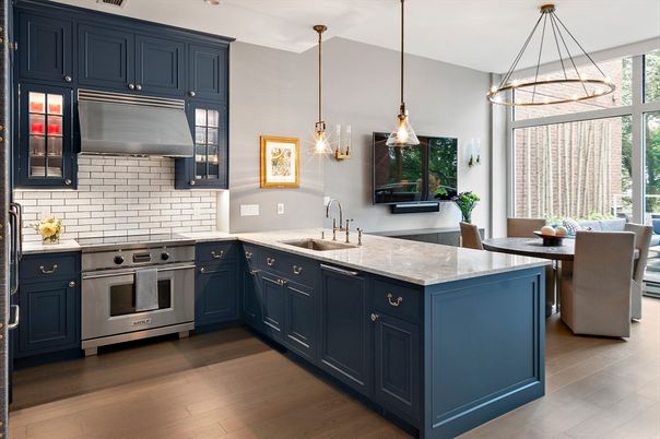 Dining room, Interior, Kitchen, Pendant Lights, Stainless Steel Appliances, Wood Texture Flooring