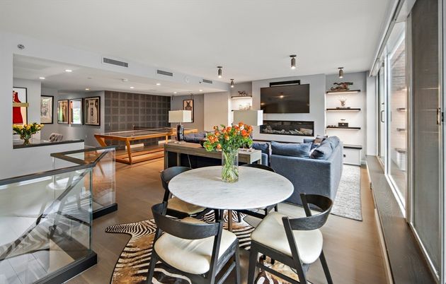 Dining room, Fireplace, Interior, Living room, Recessed Lighting, Wood Texture Flooring