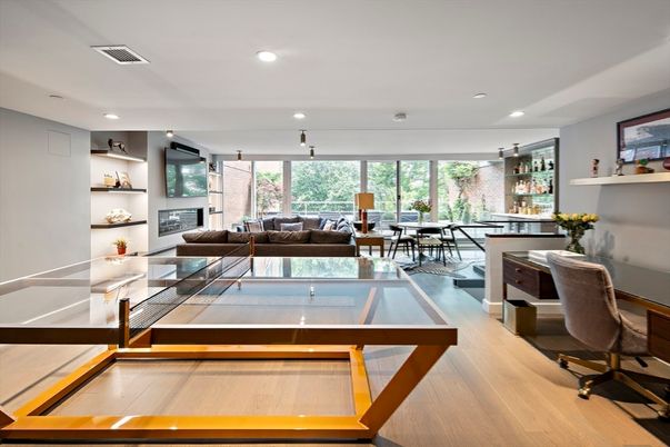 Dining room, Interior, Living room, Recessed Lighting, Wood Texture Flooring