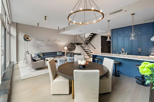 Dining room, Interior, Living room, Pendant Lights, Recessed Lighting, Wood Texture Flooring
