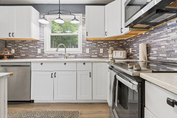 Interior, Kitchen, Pendant Lights, Stainless Steel Appliances, Stone Walls, Wood Texture Flooring