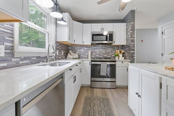 Interior, Kitchen, Pendant Lights, Stainless Steel Appliances, Wood Texture Flooring