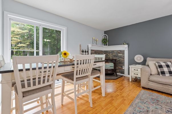 Dining room, Fireplace, Interior, Wood Texture Flooring