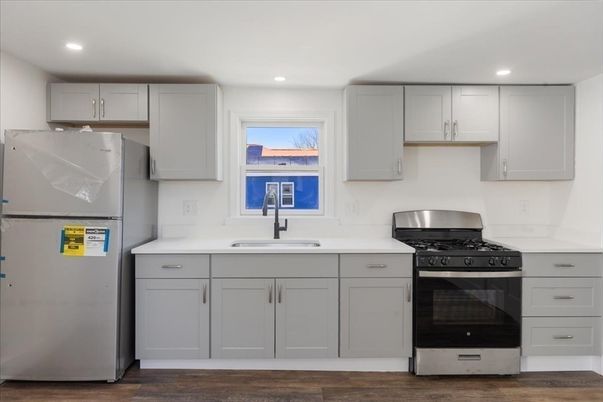 Interior, Kitchen, Recessed Lighting, Stainless Steel Appliances, Wood Texture Flooring