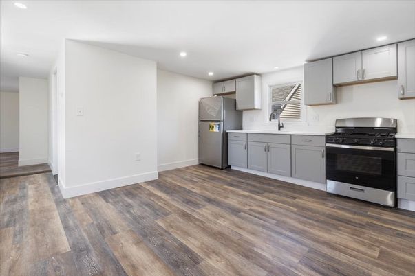 Interior, Kitchen, Recessed Lighting, Stainless Steel Appliances, Wood Texture Flooring