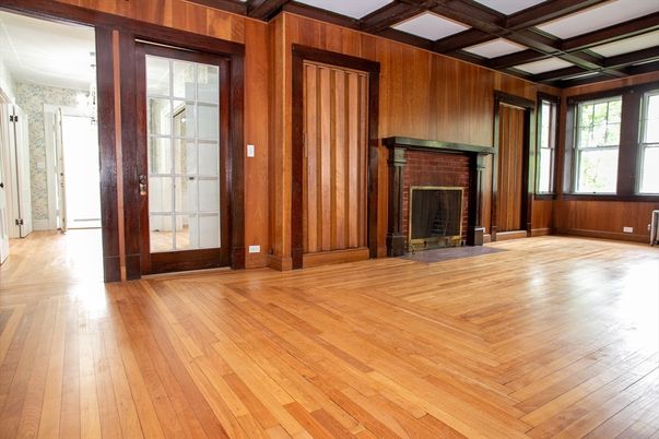 Empty room, Fireplace, Interior, Wooden Beams, Wood Texture Flooring, Wooden Walls