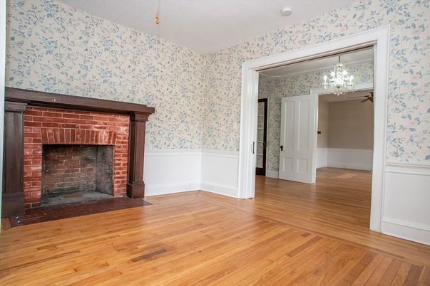 Chandelier, Empty room, Fireplace, Interior, Wood Texture Flooring