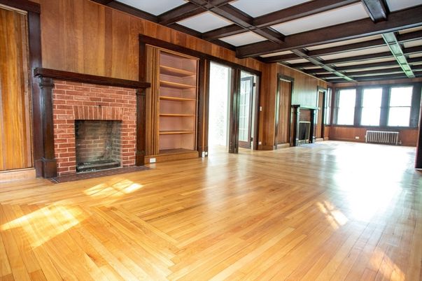 Empty room, Fireplace, Interior, Wooden Beams, Wood Texture Flooring, Wooden Walls