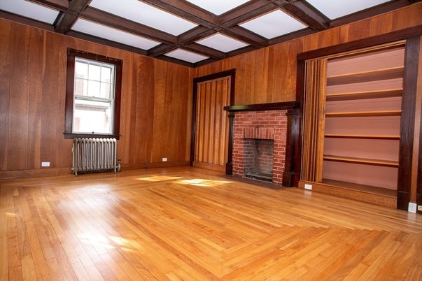 Empty room, Fireplace, Interior, Wooden Beams, Wood Texture Flooring, Wooden Walls