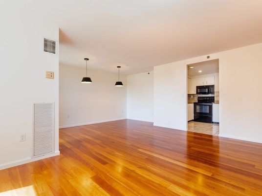 Empty room, Interior, Kitchen, Pendant Lights, Recessed Lighting, Wood Texture Flooring