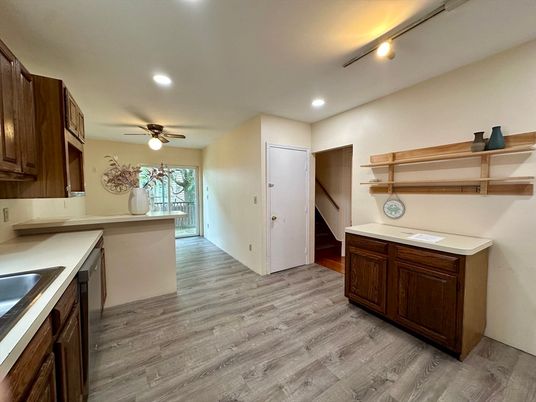 Interior, Kitchen, Recessed Lighting, Wood Texture Flooring
