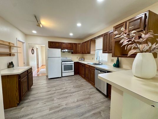 Interior, Kitchen, Recessed Lighting, Stainless Steel Appliances, Wood Texture Flooring