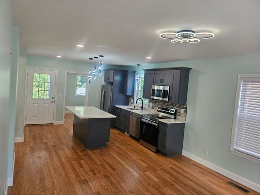 Interior, Kitchen, Pendant Lights, Recessed Lighting, Stainless Steel Appliances, Wood Texture Flooring