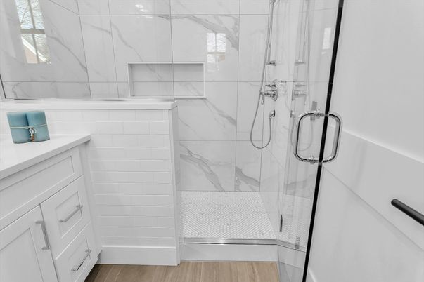 Bathroom, Glass Shower, Interior, Marble Walls, Wood Texture Flooring