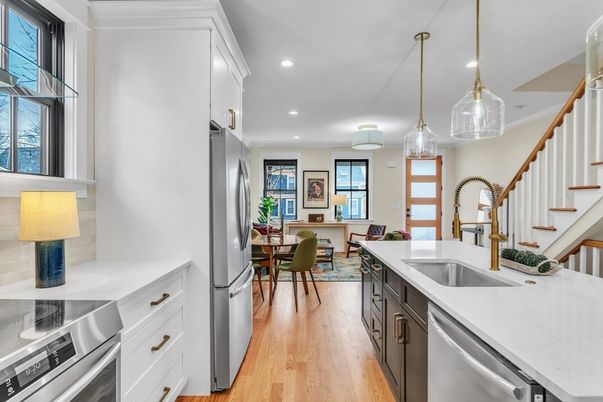 Dining room, Interior, Kitchen, Pendant Lights, Recessed Lighting, Stainless Steel Appliances, Wood Texture Flooring