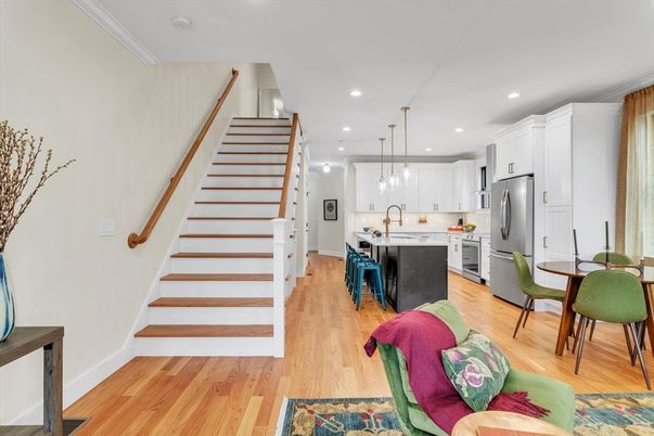 Dining room, Interior, Kitchen, Pendant Lights, Recessed Lighting, Stainless Steel Appliances, Wood Texture Flooring