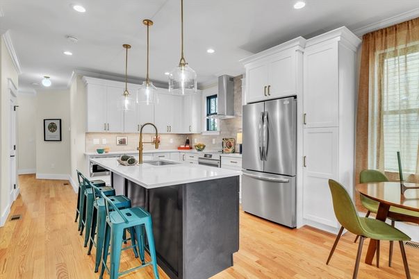 Interior, Kitchen, Pendant Lights, Recessed Lighting, Stainless Steel Appliances, Wood Texture Flooring