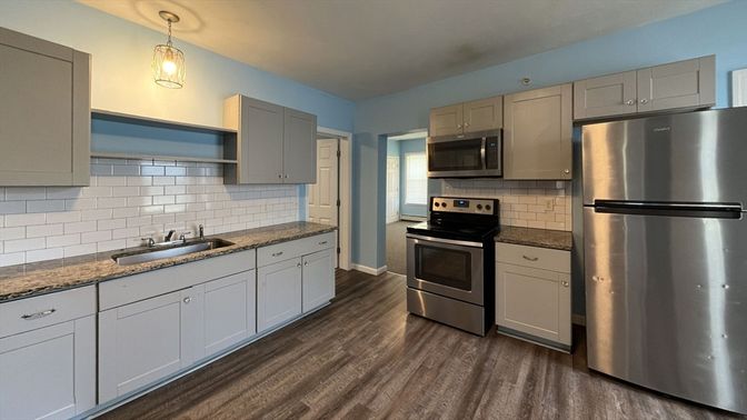 Interior, Kitchen, Pendant Lights, Stainless Steel Appliances, Wood Texture Flooring