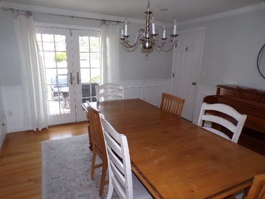 Chandelier, Dining room, Interior, Wood Texture Flooring