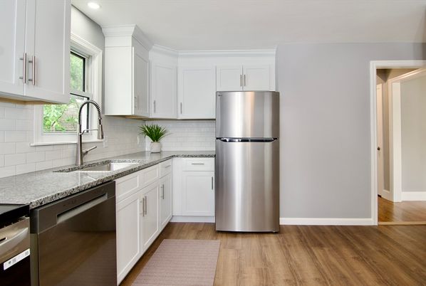 Interior, Kitchen, Recessed Lighting, Stainless Steel Appliances, Wood Texture Flooring