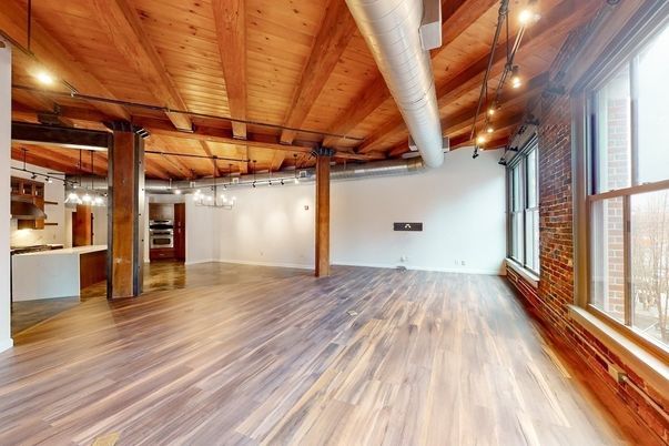 Empty room, Interior, Pendant Lights, Stone Walls, Wooden Beams, Wooden Ceilings, Wood Texture Flooring