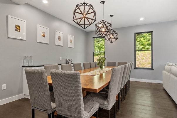 Dining room, Interior, Pendant Lights, Recessed Lighting, Wood Texture Flooring