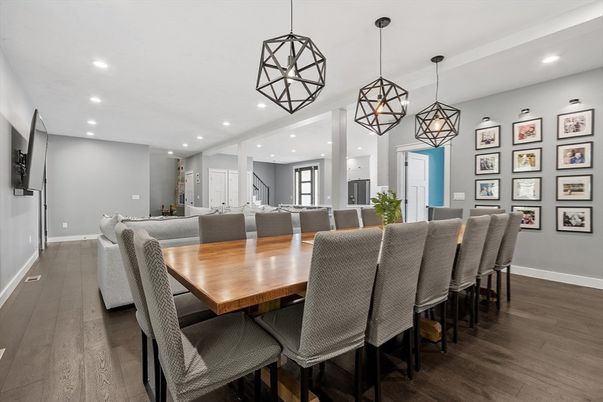 Dining room, Interior, Pendant Lights, Recessed Lighting, Wood Texture Flooring