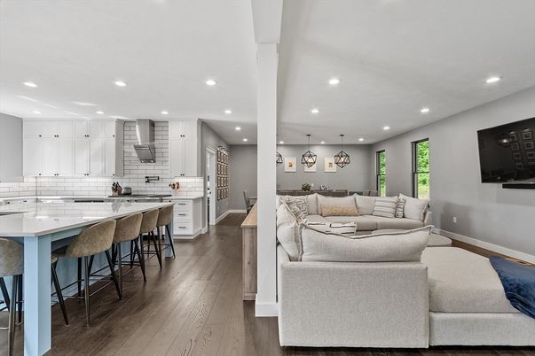 Interior, Kitchen, Living room, Pendant Lights, Recessed Lighting, Wood Texture Flooring