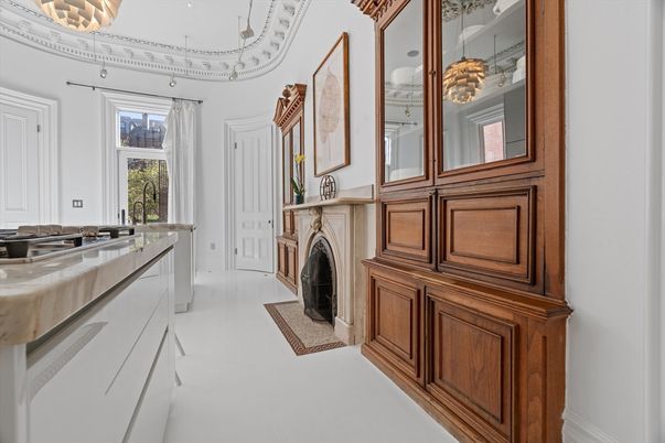 Chandelier, Fireplace, Interior