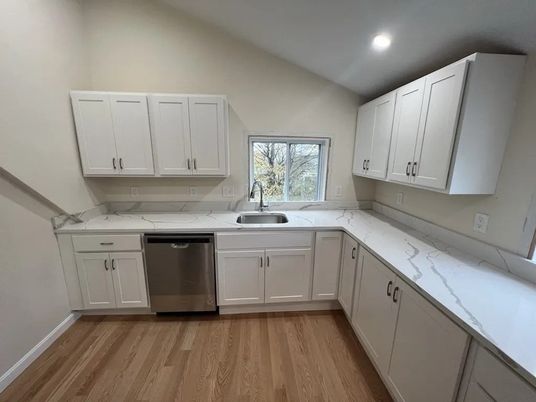 Interior, Kitchen, Recessed Lighting, Wood Texture Flooring